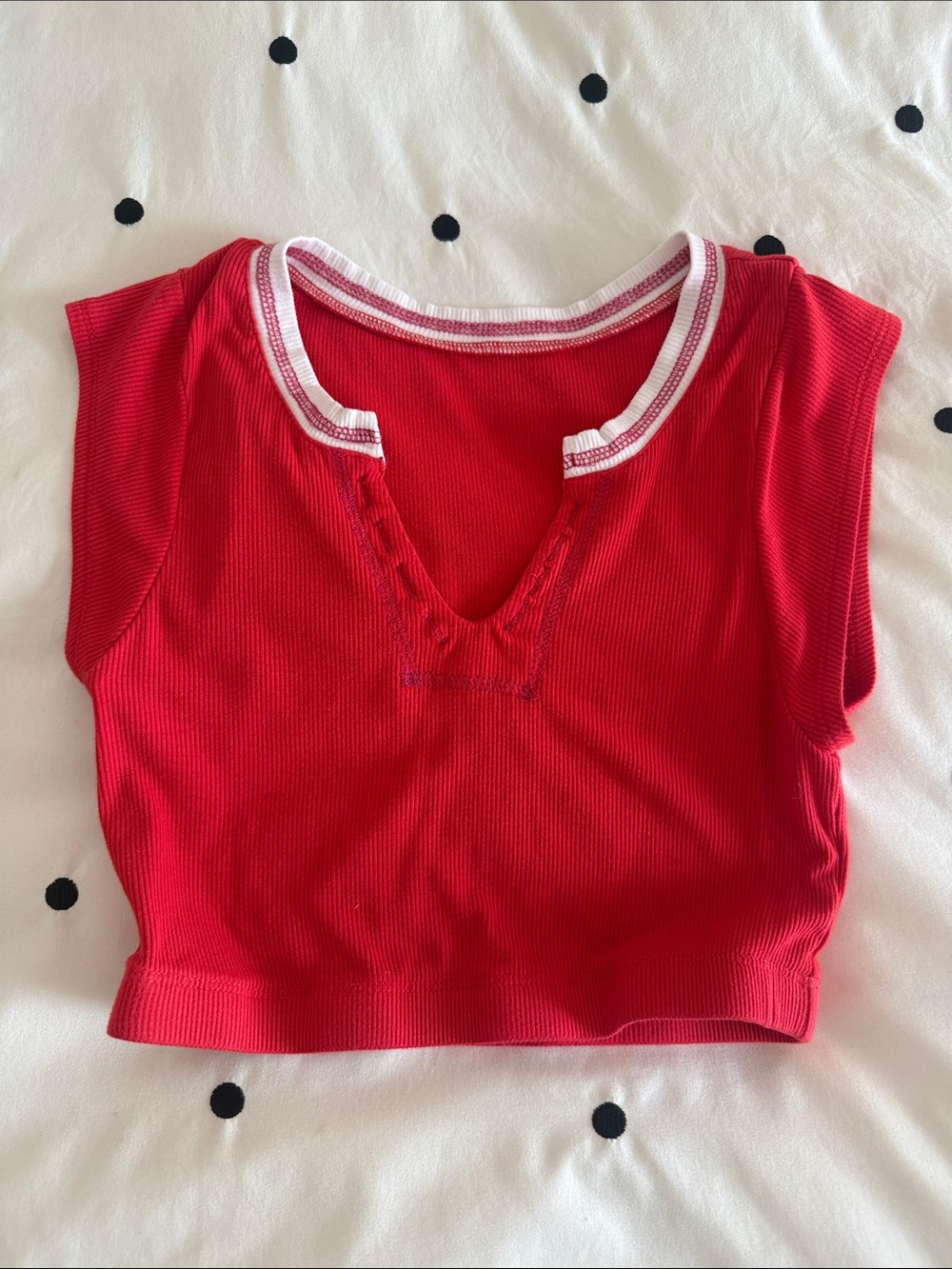 Red Ribbed V-Neck Crop Top